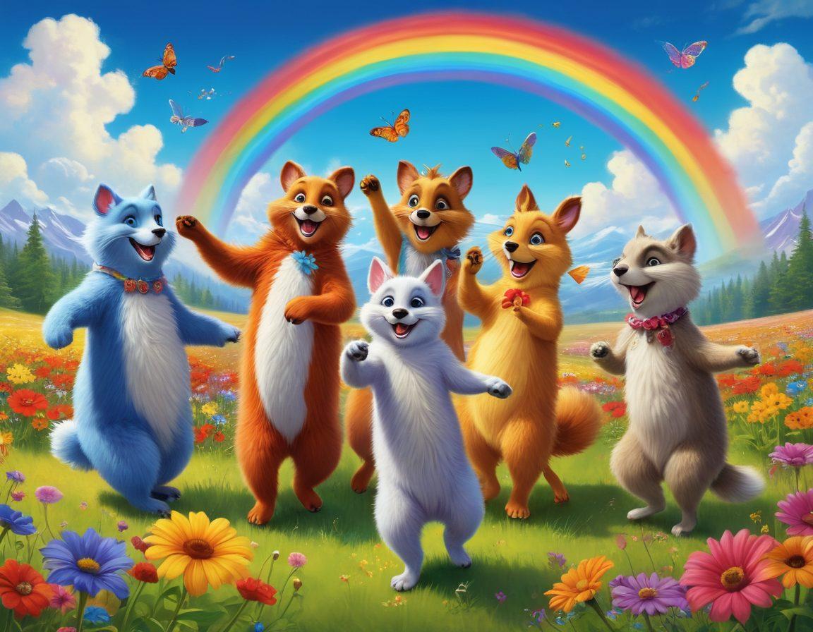 A lively scene depicting a diverse group of playful, anthropomorphic furry animals participating in various whimsical activities, such as dancing, painting, and frolicking in a colorful meadow filled with flowers. The backdrop should feature a bright blue sky with fluffy clouds, and a vibrant rainbow arching across. Each furry friend should wear quirky accessories and exhibit joyful expressions, capturing the essence of fun and camaraderie. cartoon style. vibrant colors. whimsical atmosphere.