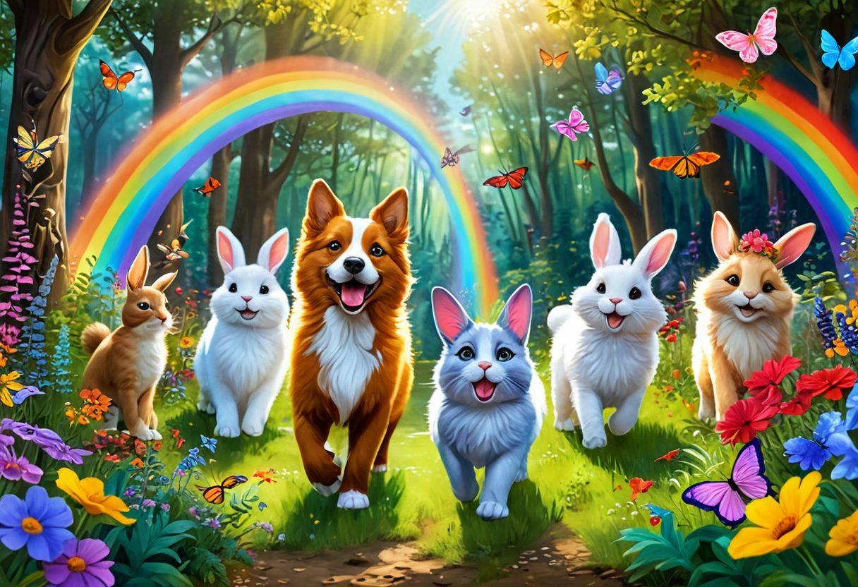 A whimsical scene featuring a playful gathering of various furry animals - a fluffy dog, a curious cat, and an energetic rabbit - embarking on an adventurous journey through a vibrant forest filled with colorful flowers and sparkling sunlight. Each animal displays a joyful expression, with butterflies fluttering around them and a rainbow in the background. The atmosphere should feel magical and cheerful, evoking a sense of fun and friendship. cartoon style. bright colors. dreamy background.