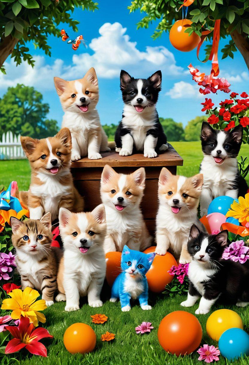 A whimsical scene featuring playful puppies and kittens engaging in cheerful antics, surrounded by colorful toys and flowers. The backdrop should include a bright, sunny sky and a lush green park setting, emphasizing joy and happiness. Add splashes of vibrant colors to enhance the liveliness of the scene. cartoon style. vibrant colors. cheerful atmosphere.